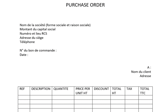 Exemple de bon de commande en anglais (Purchase order)